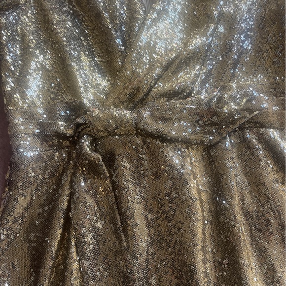 Calvin Klein sz 16 Gold V-Neck Sequin Mesh Dress 3/4 Sleeve Sheath Cocktail - Picture 4 of 10